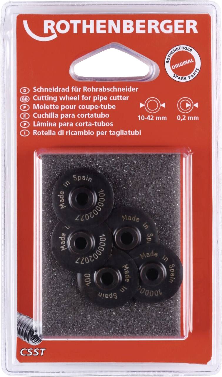 Ersatzschneidräder-Set von 'Rothenberger' für Rohrabschneider, Größen 10-42 mm, fünf schwarze Räder mit Aufschrift 'Made in Spain'.
