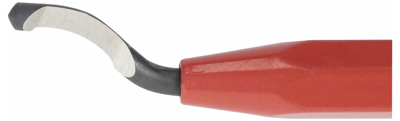 Ein roter Entgratungswerkzeug mit einer gebogenen Metallklinge, der zum Glätten von Materialkanten verwendet wird.