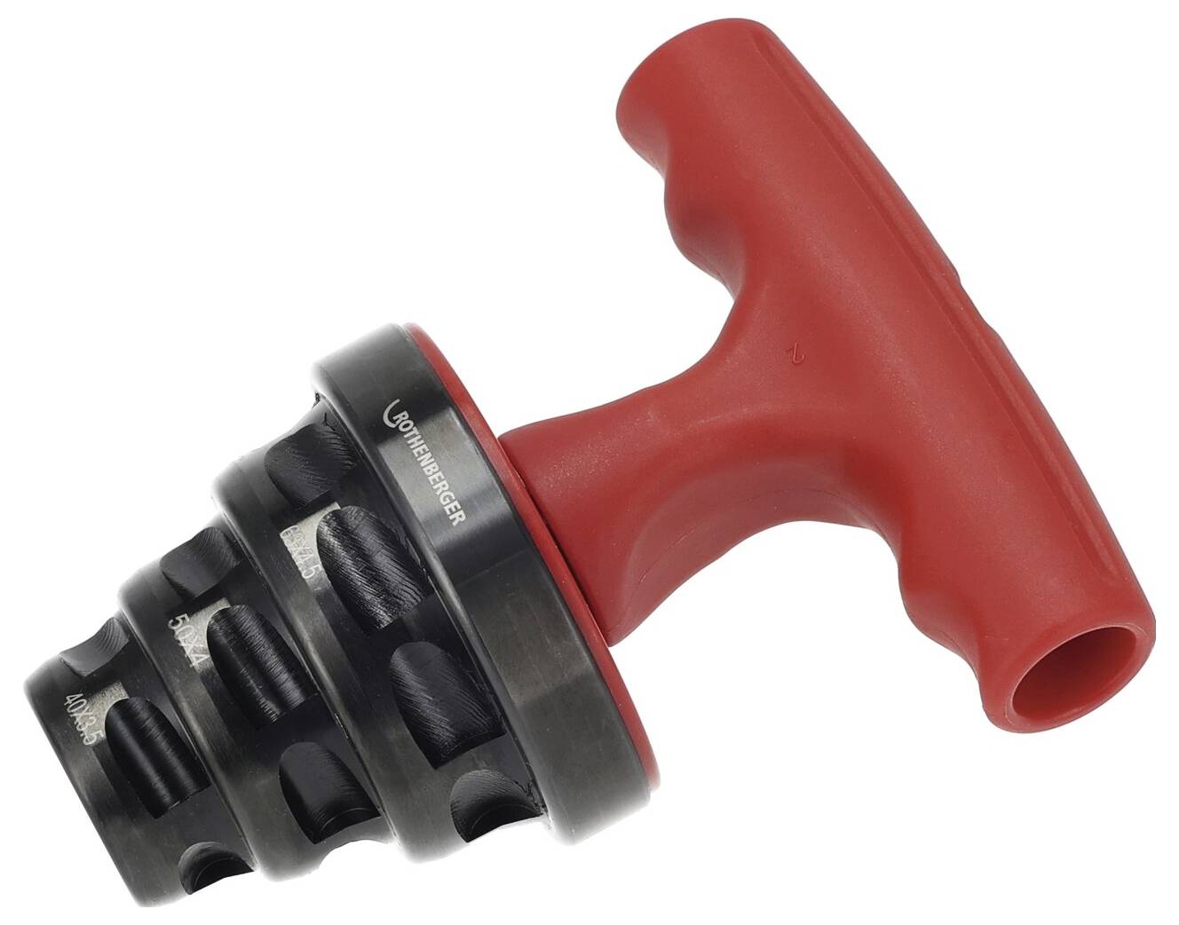 Ein roter, metalltexturierter Werkzeug mit einem T-förmigen Griff, möglicherweise ein Flaschen- oder Deckelöffner, der für einfaches Drehen und Greifen konzipiert ist.