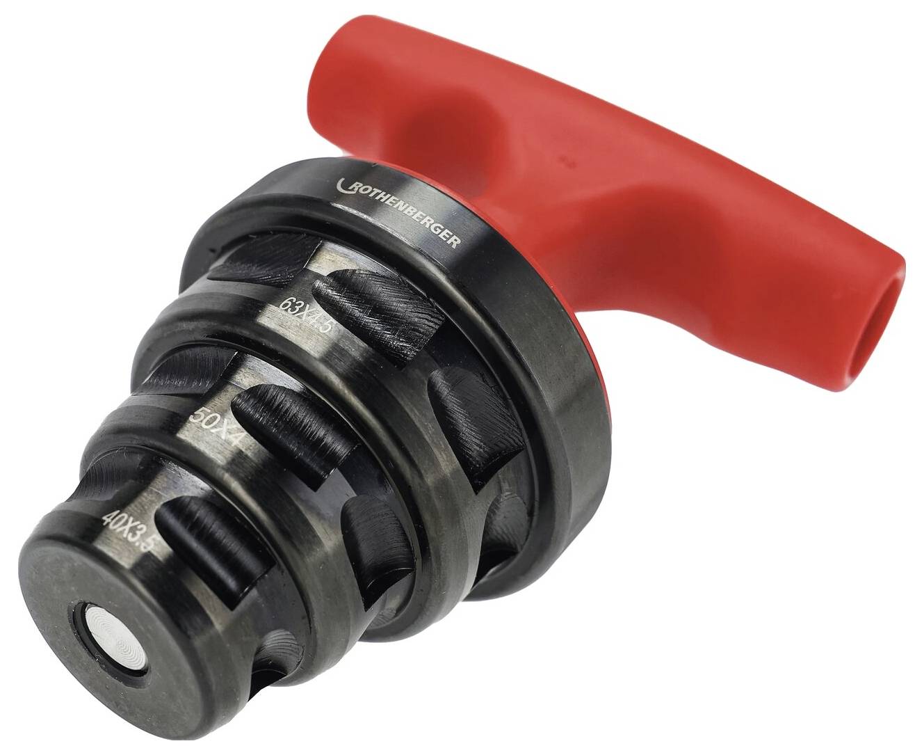 Ein Rohrschlosswerkzeug mit einem roten T-Griff und mehreren Metallscheiben, das für Klempnerarbeiten verwendet wird.