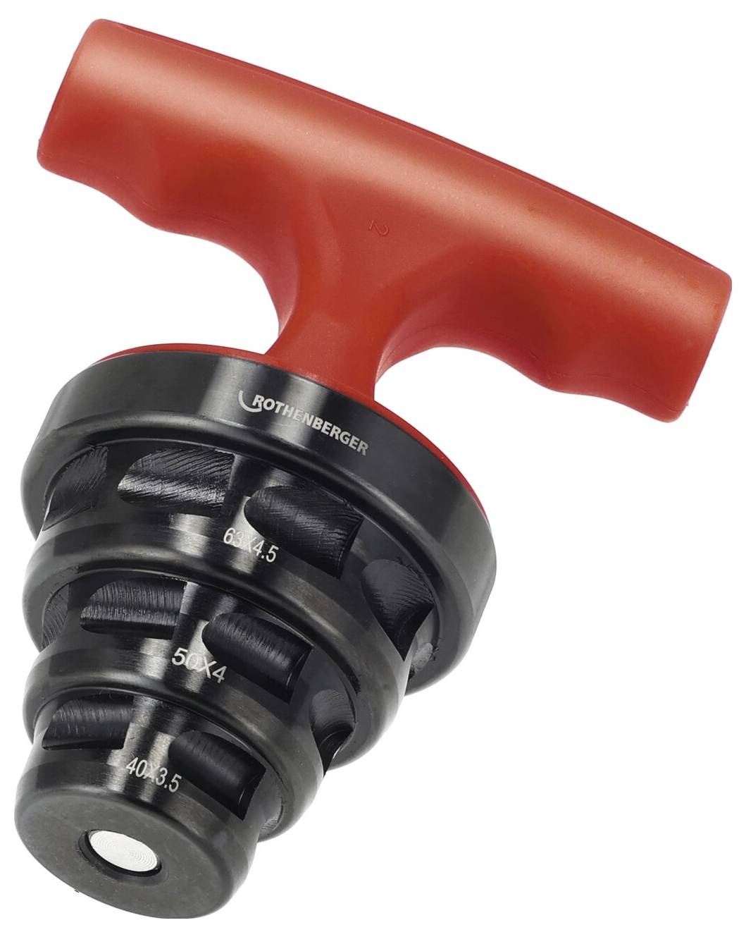 Entgrater-Werkzeug mit rotem Griff und einem zylindrischen Metallkörper mit drei beschrifteten Schneidkanten zum Glätten von Rohrenden.