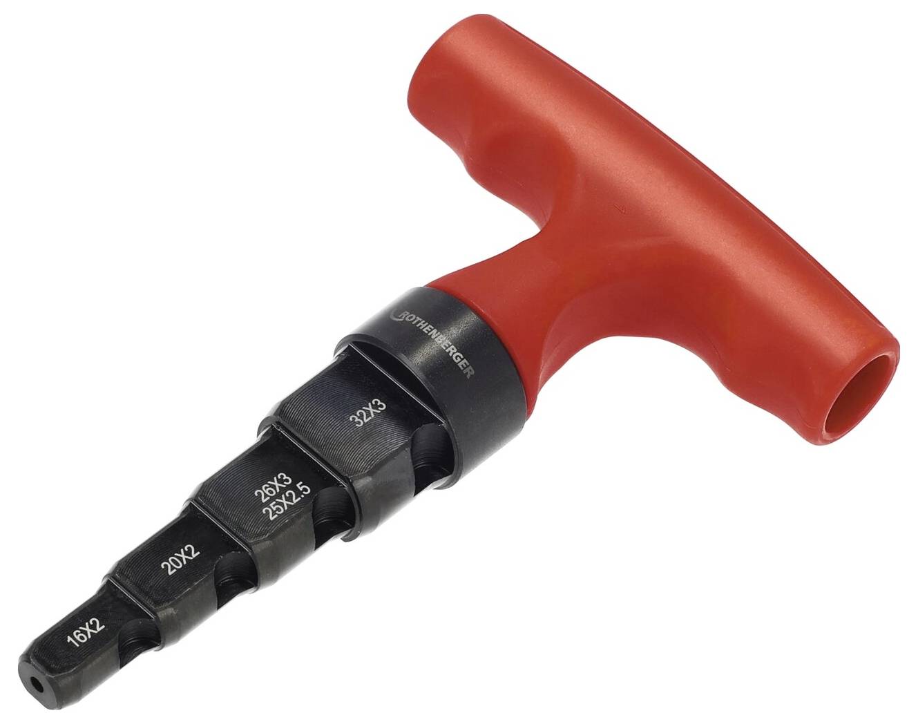 T-förmiges rot-schwarzes Rohrentsparungswerkzeug mit mehreren Größenoptionen, die in Weiß eingraviert sind.