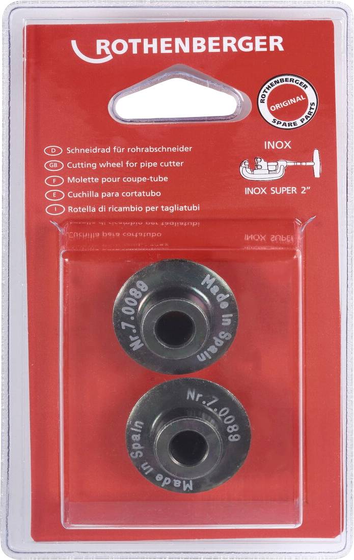 Paket mit zwei Rothenberger-Schneidrädern für Rohrabschneider, kompatibel mit 'INOX SUPER 2'. Enthält Modellnummern und hergestellt in Spanien.