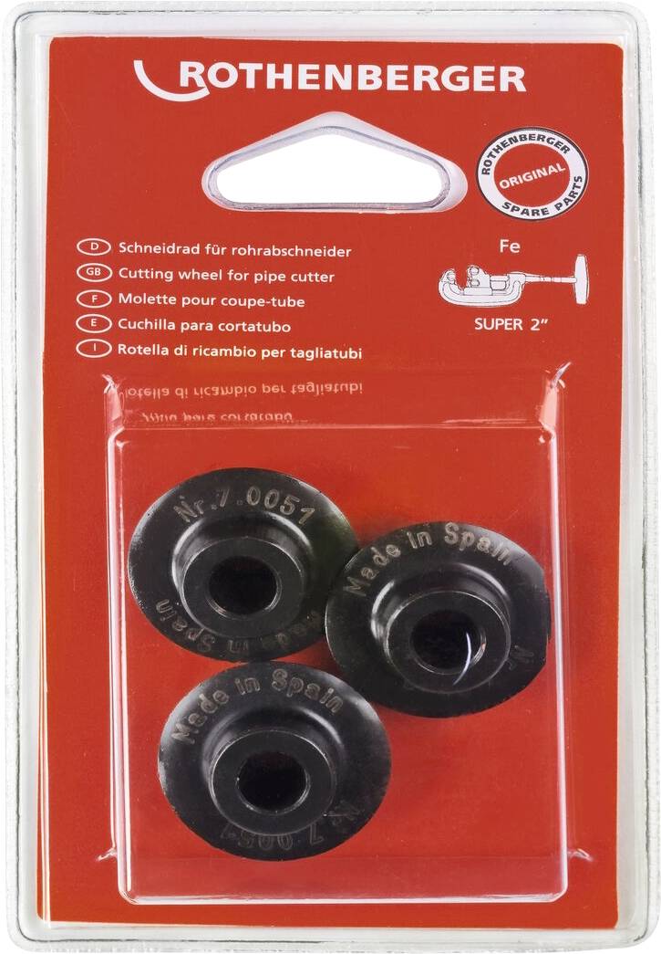 Vier Metallschneidräder für Rohrabschneider in Plastikverpackung. Etikett trägt die Aufschrift 'Rothenberger', 'Made in Spain', 'Original'.