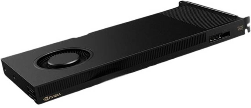 NVIDIA GPU mit einem schwarzen, rechteckigen Design, das einen Lüfter auf der Oberseite und Anschlüsse an der Seite aufweist, entwickelt zur Leistungssteigerung des Computers.