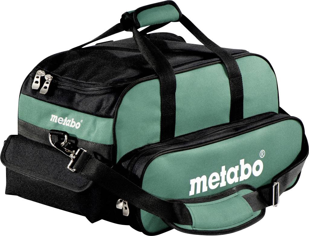 Grün-schwarze Metabo Werkzeugtasche mit Schultergurt und mehreren Reißverschlussfächern.