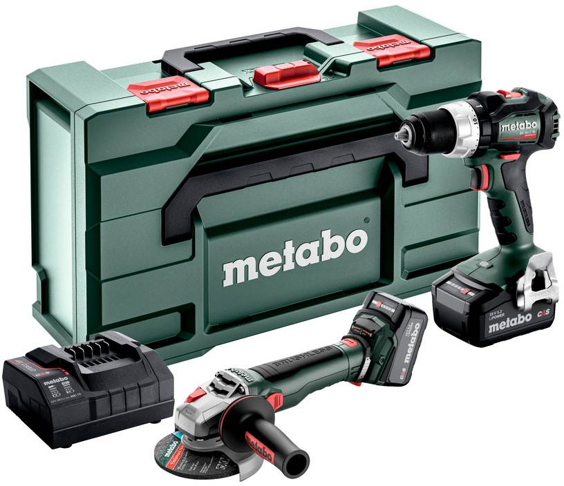 Metabo Akku-Werkzeugset mit grünem Tragekoffer, Batterieladegerät, Bohrmaschine, Schleifer und Batteriepack auf weißem Hintergrund.