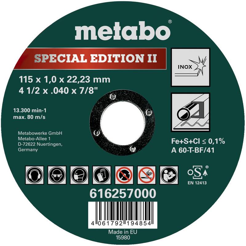 Metabo Spezialedition II Schleiftrennscheibe, Etikett mit Angaben 115 x 1,0 x 22,23 mm, für Edelstahl/Stahl, mit Sicherheitszeichen und Strichcode.
