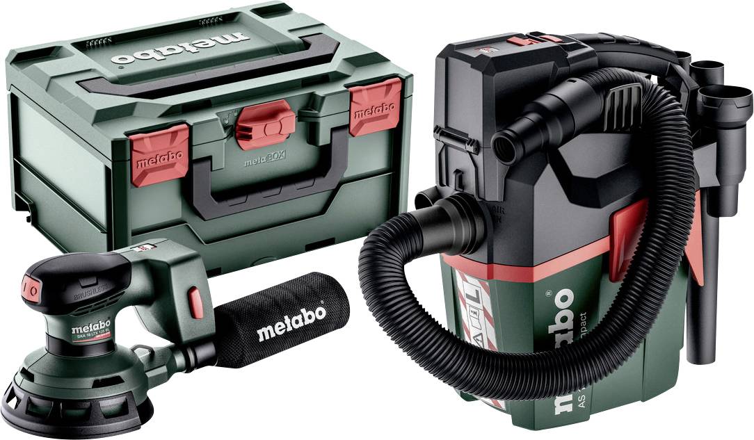 Satz von Metabo-Elektrowerkzeugen und Zubehör: ein grüner Transportkoffer, Winkelschleifer und Nass-/Trockensauger mit Schlauch und Aufsätzen.