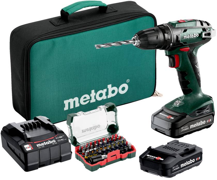 Metabo Akkubohrschrauber-Set mit Transportkoffer, zwei Batterien, Ladegerät und Bohrersatz.