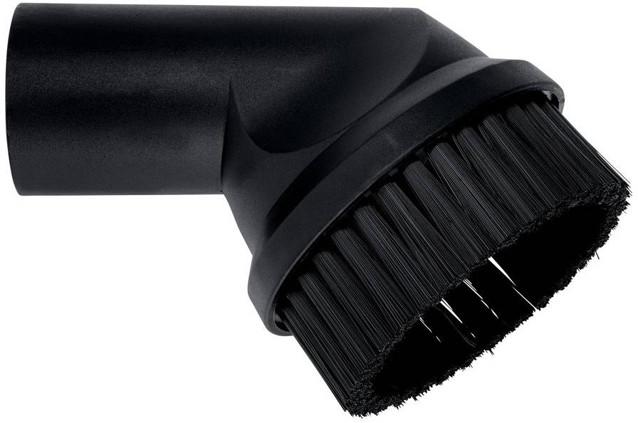 Schwarze Staubsaugeransatzrohr mit gewinkelte Bürstenborsten auf weißem Hintergrund.