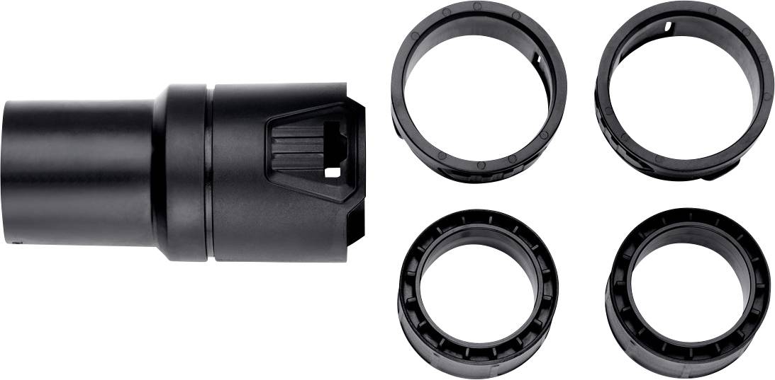 Schwarzer zylindrischer Adapter mit vier kreisförmigen Montagringen auf weißem Hintergrund, ähnlich einem Objektiv- oder Kamerazubehör-Set.