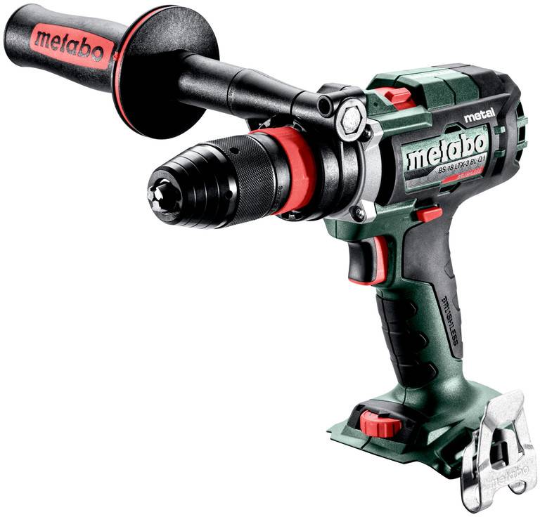 Metabo Akku-Bohrmaschine mit Seitenhiff und Zusatzgriff, gezeigt auf weißem Hintergrund.