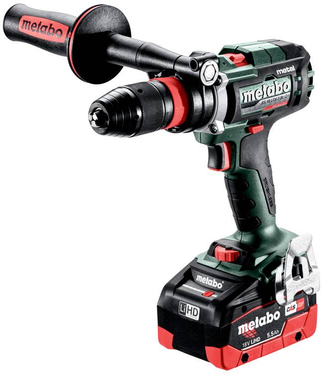 Ein kabelloses Metabo-Bohrgerät mit Seitengrifff und Akkupack, dargestellt auf weißem Hintergrund.