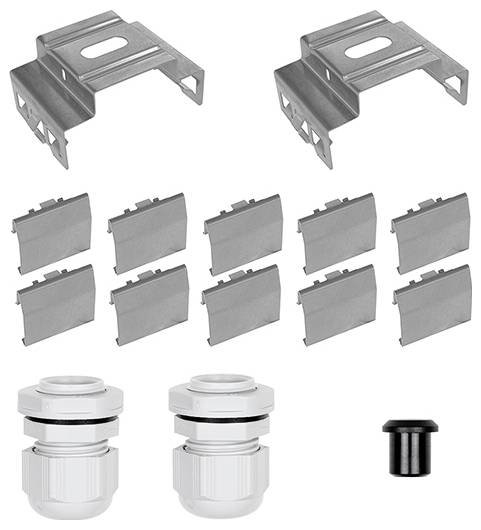 Das Bild zeigt einen Satz Metallmontageklammern, metallische rechteckige Platten, zwei Kunststoff-Kabelverschraubungen und eine kleine schwarze Kappe.
