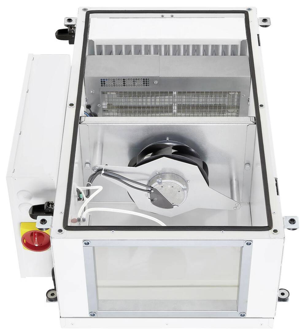 Eine Draufsicht auf eine weiße, offene Industriemaschine mit sichtbarem Lüfter und elektronischen Komponenten, die einen prominenten roten Notausschalter aufweist.