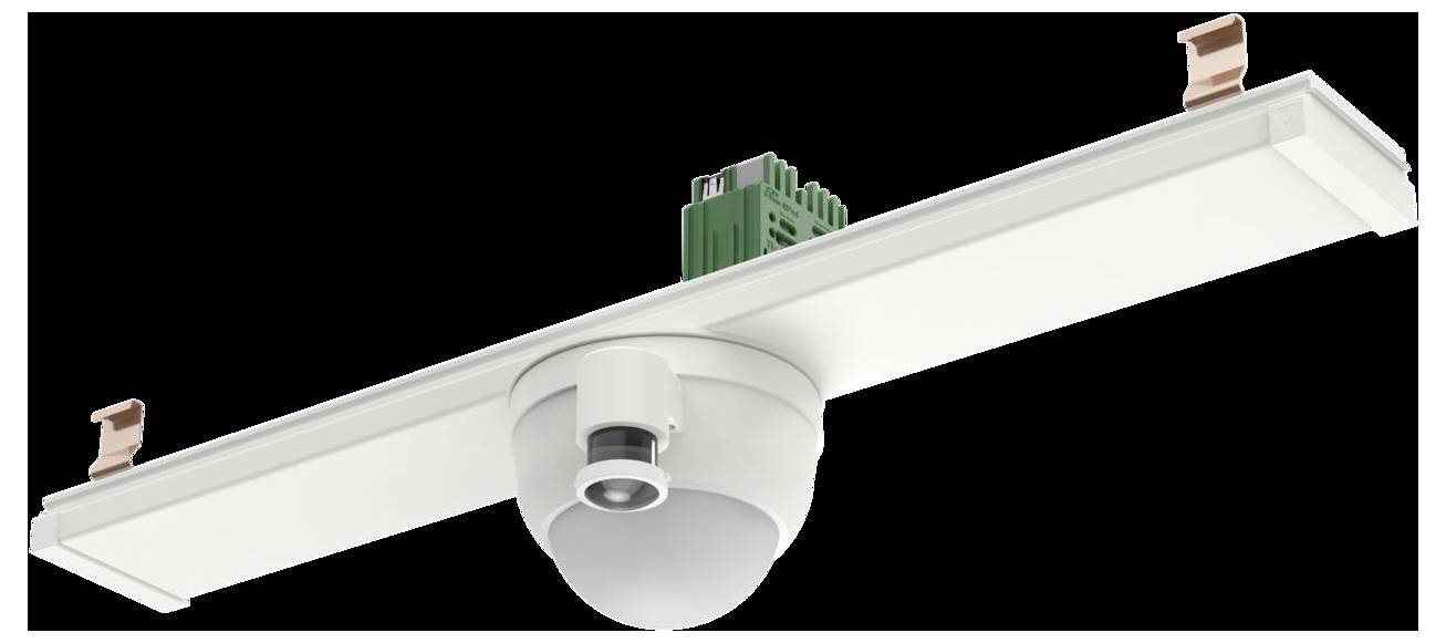 Deckengestützte Sicherheitskamera mit verstellbarem Arm, ausgestattet mit einer kuppelförmigen Linse und grüner Schaltungskomponente, entwickelt für Überwachung.