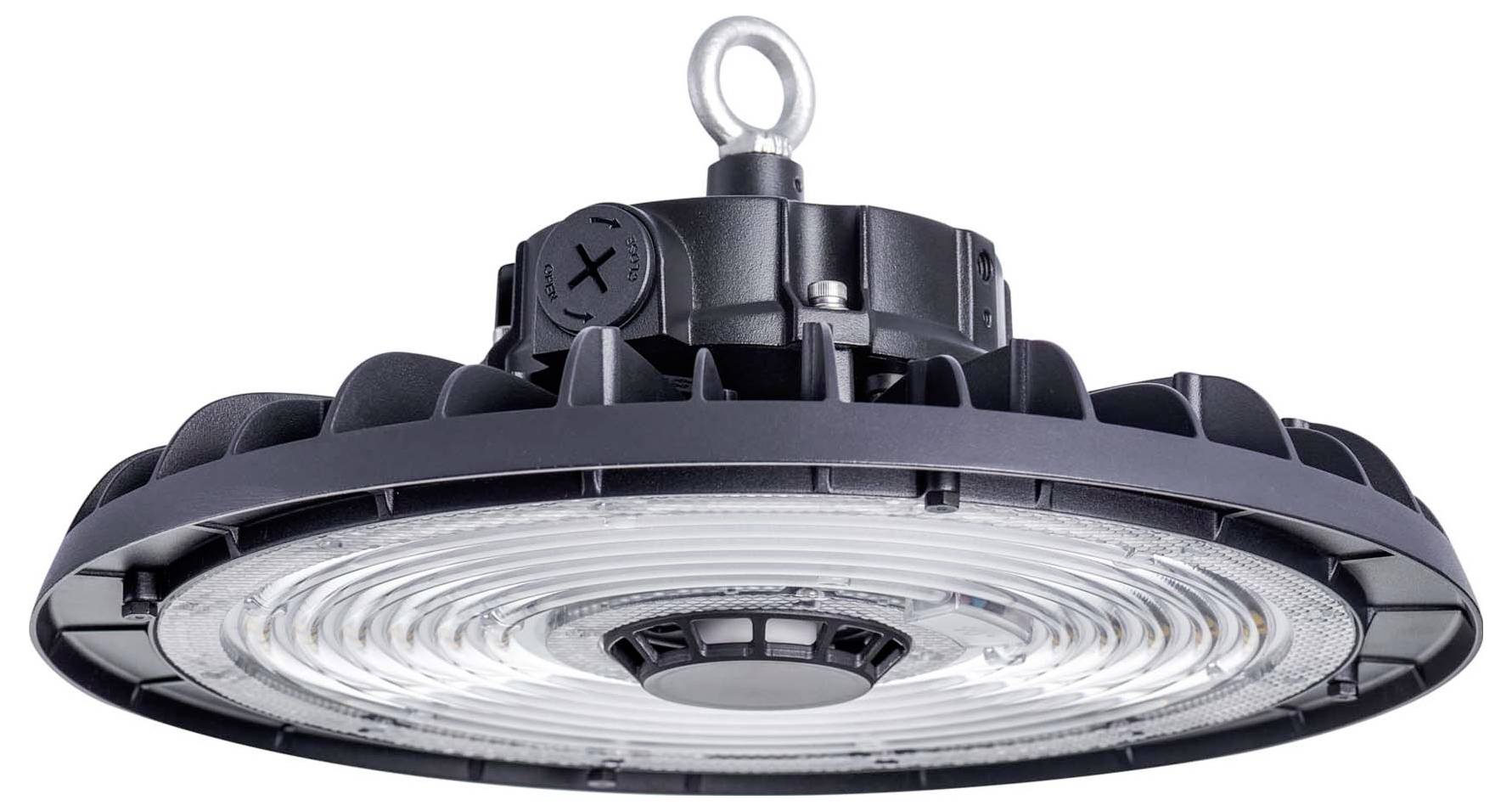 Eine runde industrielle LED-Hallentiefstrahler-Leuchte, von unten gezeigt, die ihr geripptes Design und die zentrale Befestigungshaken hervorhebt.