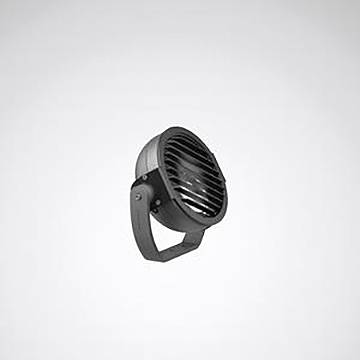 Ein moderner schwarz-silberner Scheinwerfer mit kreisförmigem Design, auf einer verstellbaren Halterung montiert für Richtungsbeleuchtung.