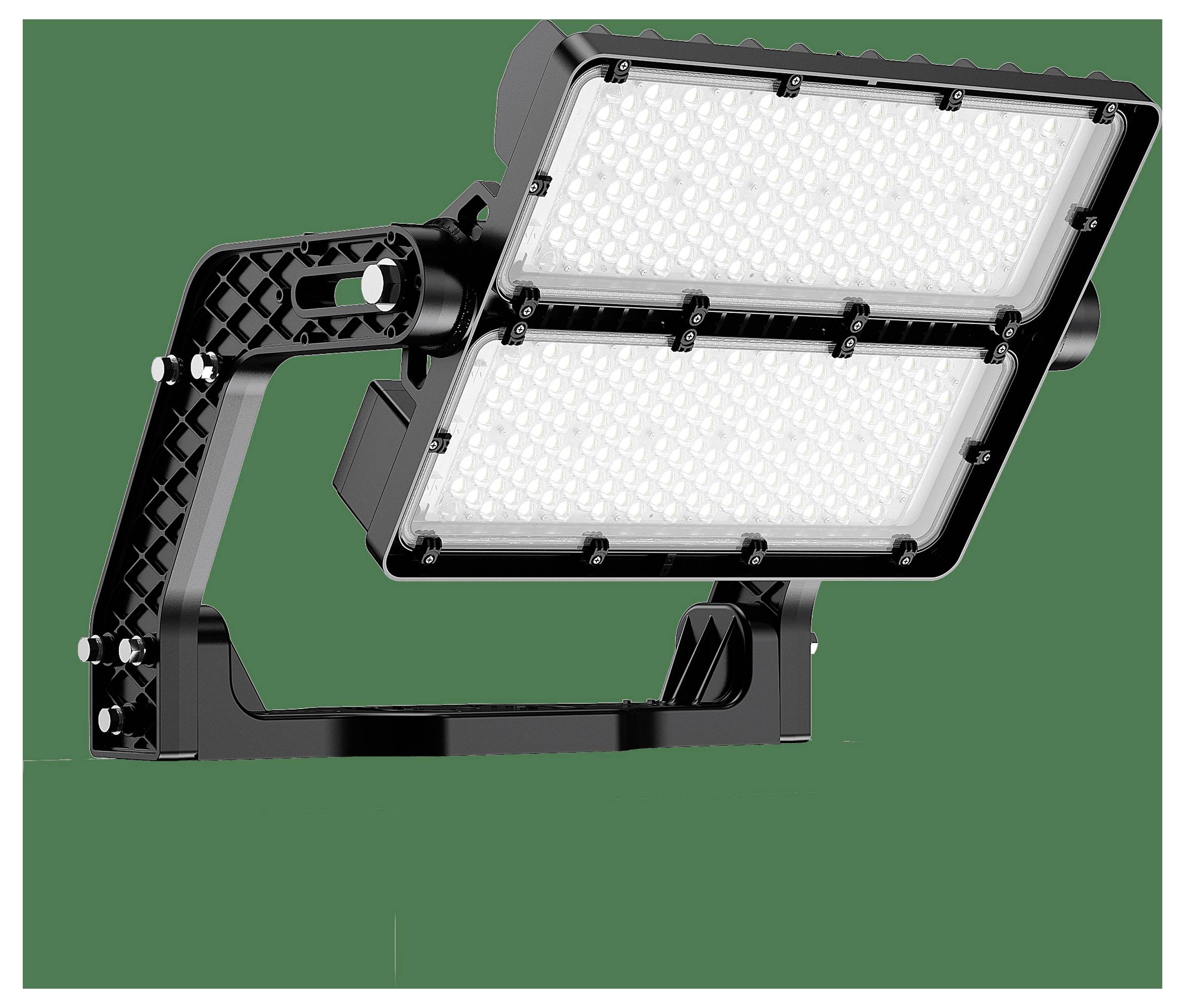Ein großer LED-Flutlichtstrahler mit einem Gittermuster aus Dioden, montiert auf einer verstellbaren Halterung, konzipiert für leistungsstarke Außenbeleuchtung.