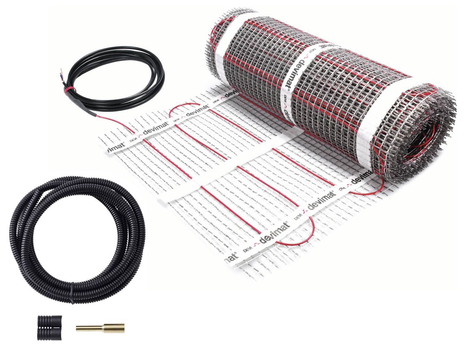 Fußbodenheizungs-Mattensystem mit Kabel und Installationszubehör, einschließlich einer Spule, Kabelschutzrohr und Sensor-Messfühler.