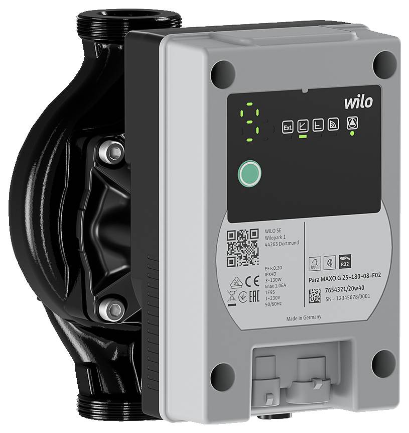 Eine schwarze und graue Wilo-Motorpumpe mit digitalem Display und Funktionssymbolen, die technische Spezifikationen wie das Modell 