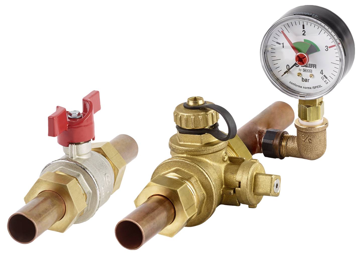 Komponenten eines Rohrleitungssystems einschließlich eines Druckmanometers, das Balkenniveaus anzeigt, eines roten Ventils und verbundener Kupferrohre.