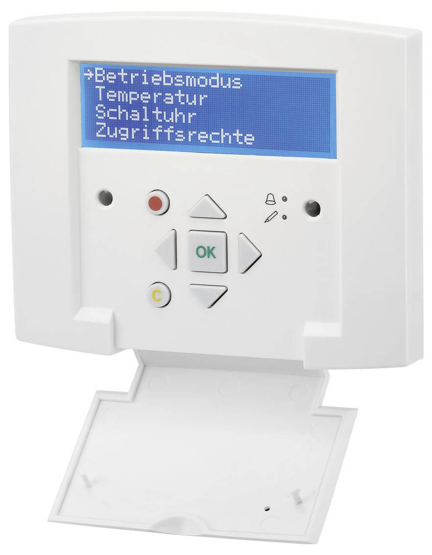 Nahaufnahme eines digitalen Bedienfelds mit Tasten und einem Bildschirm, auf dem Menüoptionen angezeigt werden: Betriebsmodus, Temperatur, Schaltuhr, Zugriffsrechte.
