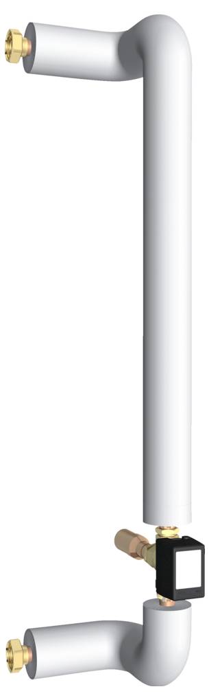 Ein langes, weißes, vertikales Rohr mit Messingverbindern an beiden Enden und einem kleinen schwarzen Ventil am unteren Ende.