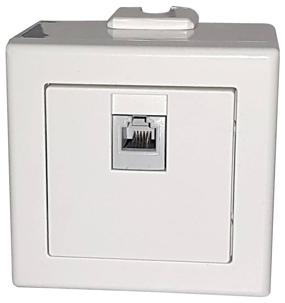 Eine weiße wandmontierte Netzwerkdose mit einem Ethernet-Anschluss, konzipiert für Internet- und Netzwerkkabelverbindungen.