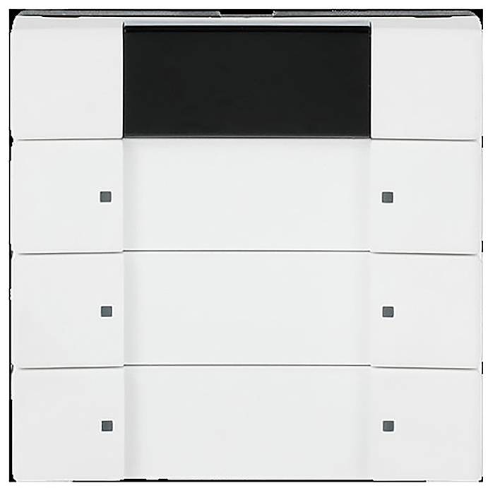 Weißer modularer Wandschrank mit zentralem schwarzem Panel und minimalistischem Design, mit kleinen quadratischen Griffen an jeder Tür.