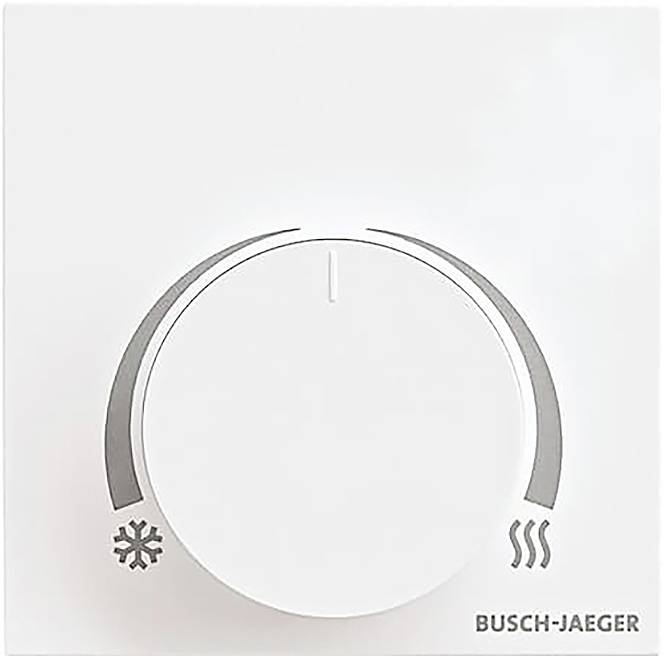 Ein weißes Thermostat-Drehrad mit Symbolen für Kälte (Schneeflocke) und Wärmung (Wellenlinie), hergestellt von Busch-Jaeger, das die Temperaturregelung anzeigt.