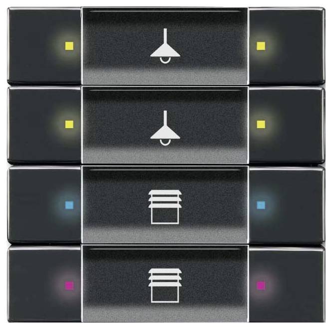 Ein Stapel von vier schwarzen Kartuschen mit farbigen Anzeigelichtern: gelb, cyan, magenta und rosa. Symbole von Lampen und Jalousien werden angezeigt.