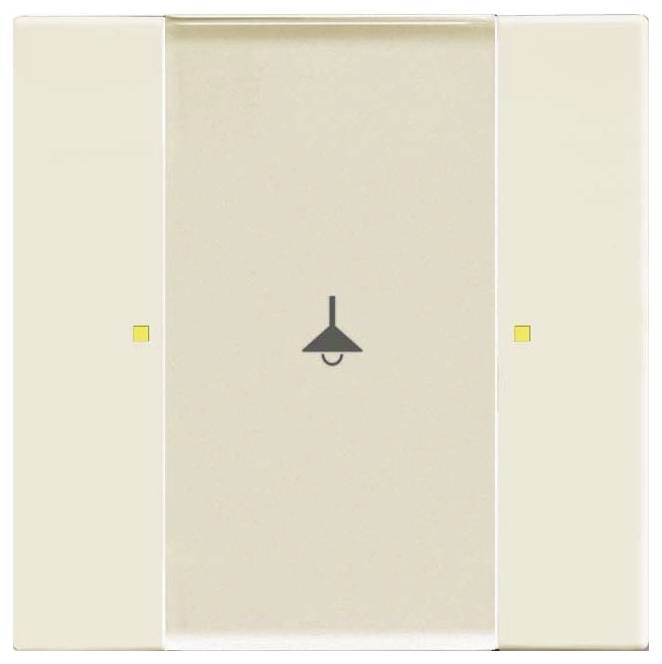 Ein Lichtschalter mit einem Lampensymbol in der Mitte, das darauf hindeutet, dass er die Deckenbeleuchtung steuert. Zwei kleine gelbe Quadrate befinden sich auf beiden Seiten.