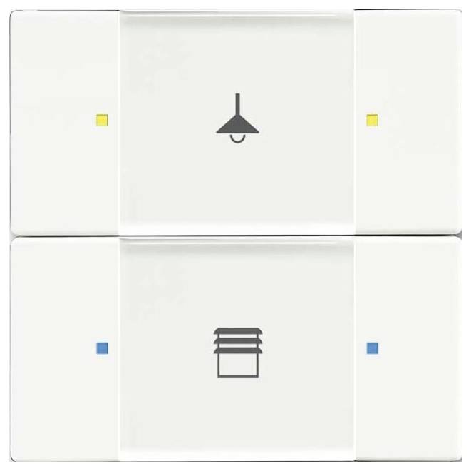 Zwei Lichtschalter mit Symbolen: Der obere Schalter hat ein Lampensymbol für die Beleuchtung, der untere Schalter hat ein Lüftungssymbol und zeigt ihre Funktionen an.
