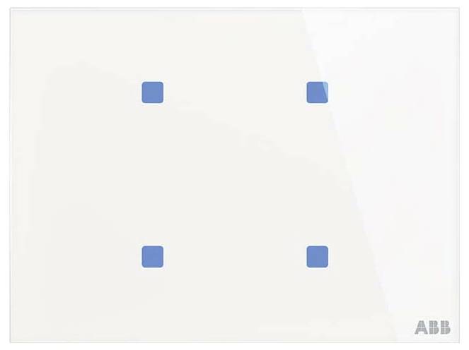 Ein modernes Lichtschalter-Panel mit vier blauen quadratischen Touch-Tasten, das minimalistisches Design zeigt. Logo 'ABB' in der unteren rechten Ecke.