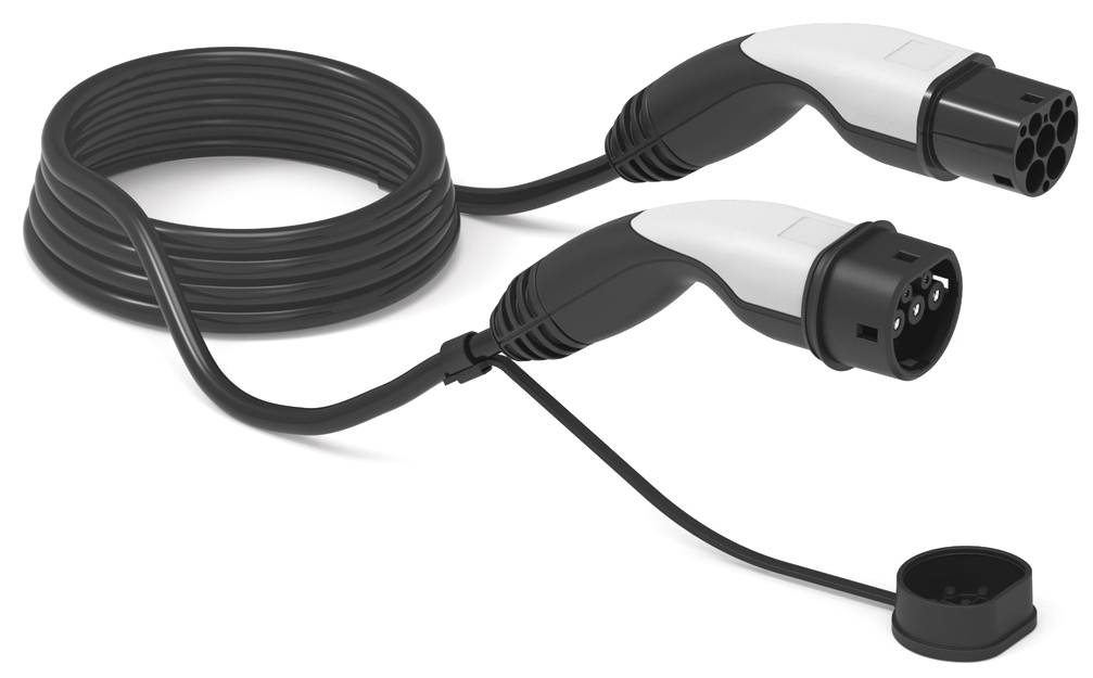 Ein Elektrofahrzeug-Ladekabel mit Typ-2-Steckern an beiden Enden, einer Schutzkappe an einem Ende und einem aufgewickeltem Design zur einfachen Lagerung.