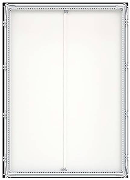 Ein ornamentaler, rechteckiger Spiegel mit dekorativem Rahmen, der aufwendige Verzierungen an den Kanten aufweist.