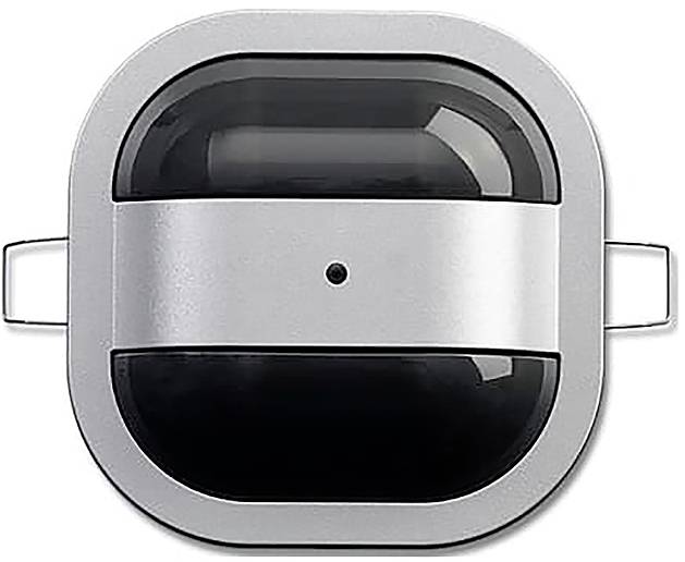 Ein metallisches, rechteckiges Gerät mit abgerundeten Kanten und einer schwarzen, gewölbten Oberfläche, das Kopfhörern in einem eleganten, minimalistischen Design ähnelt.