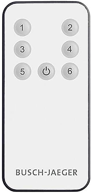 Eine Fernbedienung mit sechs nummerierten Tasten (1, 2, 3, 4, 5, 6) und einer Stromschalttaste in der Mitte. Text auf dem Gerät lautet BUSCH-JAEGER.
