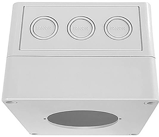 Eine graue elektrische Verteilerdose mit drei kreisförmigen Ausstoßöffnungen mit der Bezeichnung „M20 x 1,5