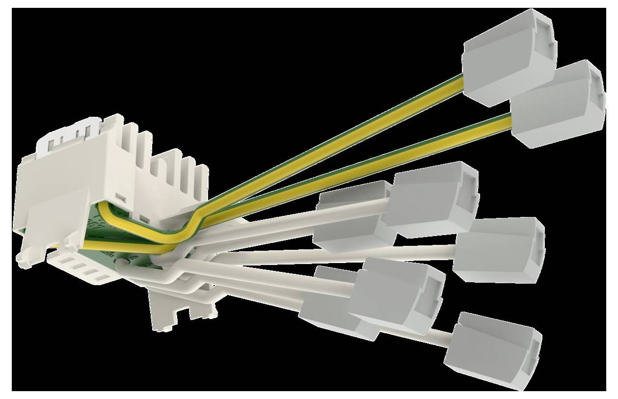 Ein 3D-Bild eines Mehrfach-Klemmblocks mit acht angeschlossenen Drähten, die jeweils nach Farbe gebündelt sind und wahrscheinlich in elektrischen Baugruppen verwendet werden.
