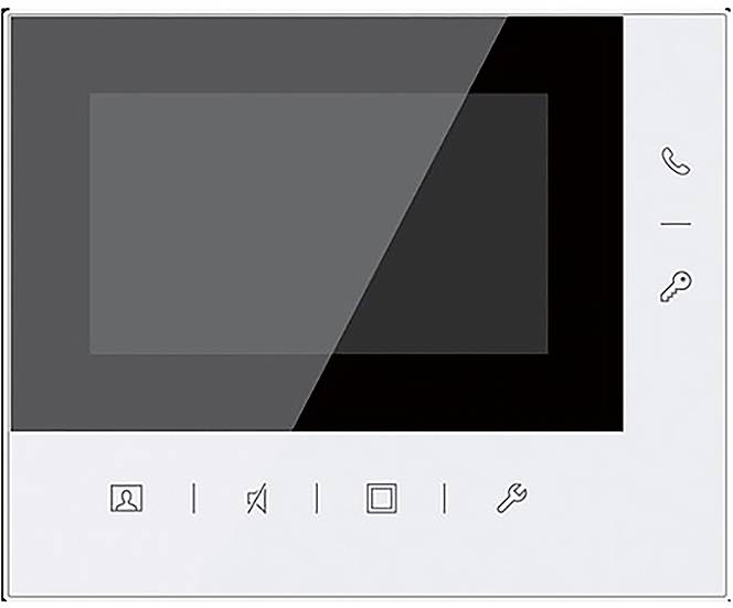 Ein weißes Touchscreen-Bedienfeld mit Symbolen für Anrufe, Video, Einstellungen und Sperre, häufig verwendet für eine Gegensprechanlage oder ein Sicherheitssystem.
