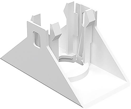 Weiße, pyramidenförmige Kunststoffhalterung mit kreisförmiger Basis und aufrechten Stützen oben, wahrscheinlich zur Montage oder zum Halten von Objekten verwendet.