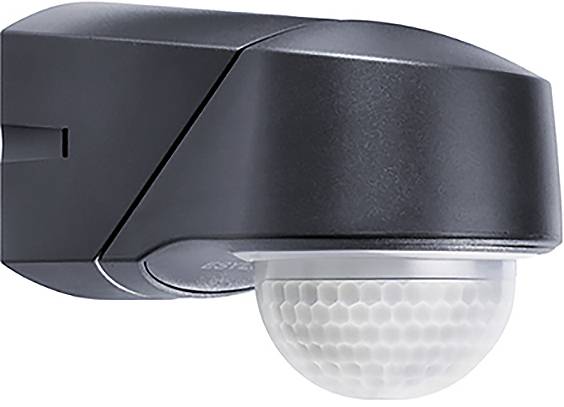 Ein an der Wand montierter schwarzer Außenbewegungsmelder mit weißem kugelförmigem Unterteil zur Bewegungserkennung, verwendet für Sicherheitsbeleuchtungssysteme.