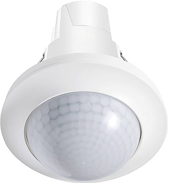 Ein weiß montierter Bewegungsmelder an der Decke mit einer Linse im Wabenmuster, entwickelt zur Erfassung von Bewegungen und zur Aktivierung verbundener Systeme.