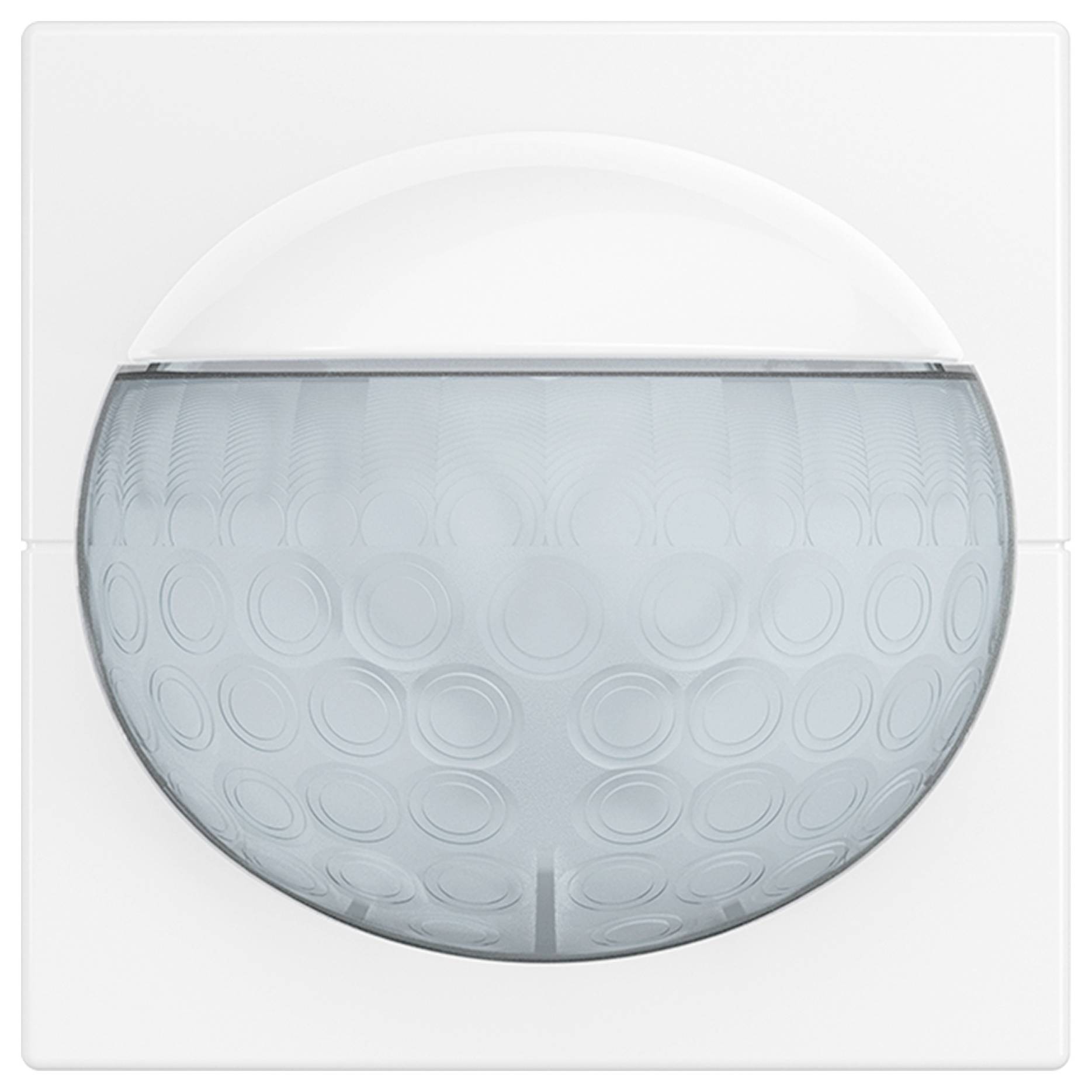 Ein weißer Bewegungsmelder mit einer transparenten, geometrisch gemusterten Linse, entwickelt für die Innenraumnutzung an Wänden oder Decken.