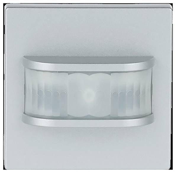 Ein quadratisches, silbernes Bewegungsmeldergerät mit einem zentralen weißen Sensorfeld, das zur Bewegungserkennung in einem Raum entwickelt wurde.