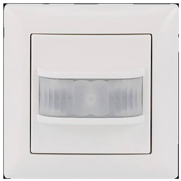 Ein weißer Bewegungsmelder-Schalter für die Wandmontage mit einem zentralen Sensor zur Bewegungserkennung zum Steuern von Beleuchtung oder Geräten.