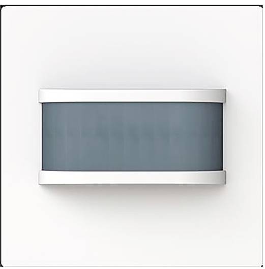 Wandmontierte rechteckige Leuchte mit einem Mattglaspanel, das von zwei weißen horizontalen Streifen flankiert wird.